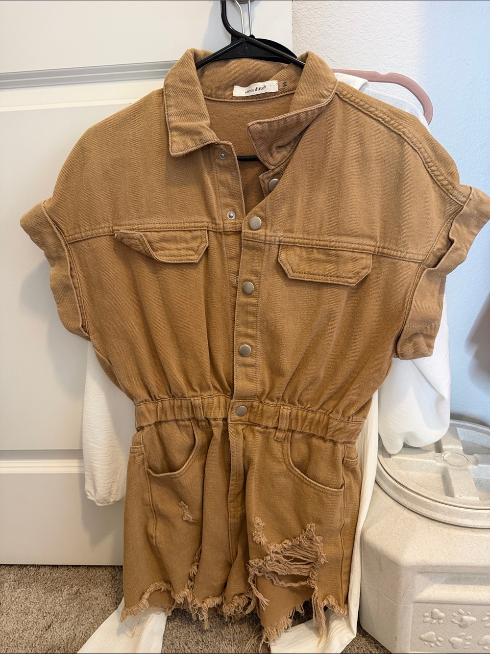 Washed Tan Short-Sleeve Denim Romper with Distressed Hem